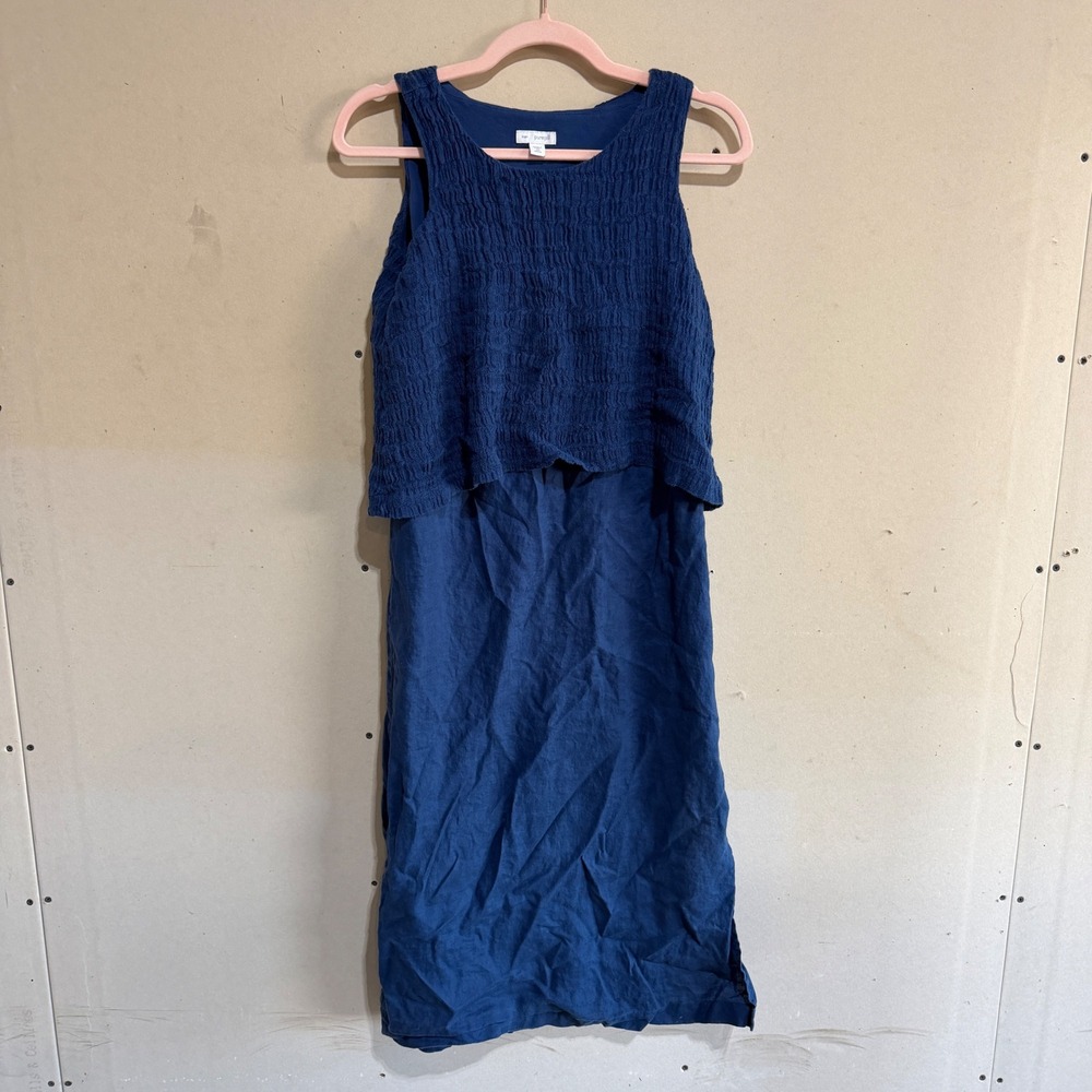 Pure Jill Linen Layered Midi Dress Blue Sleeveless XS Petite Slit